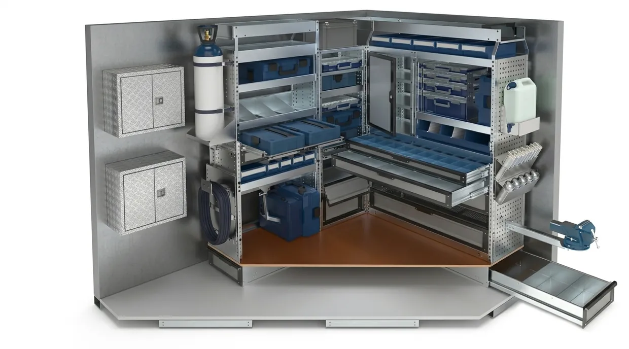 Vue 3D d'un aménagement complet de fourgon : habillage, étagères, tiroirs, caissons sur mesure et équipements